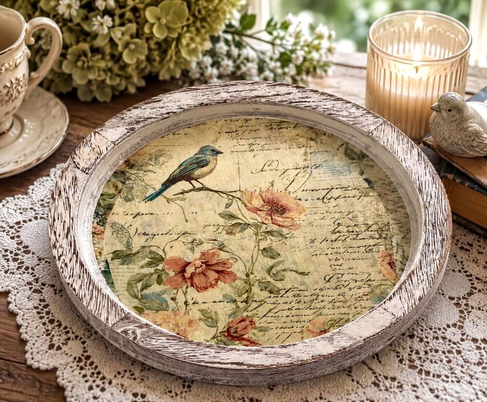 Bluebird Floral Wood Tray: Vintage Cottagecore, Distressed White (11.25")